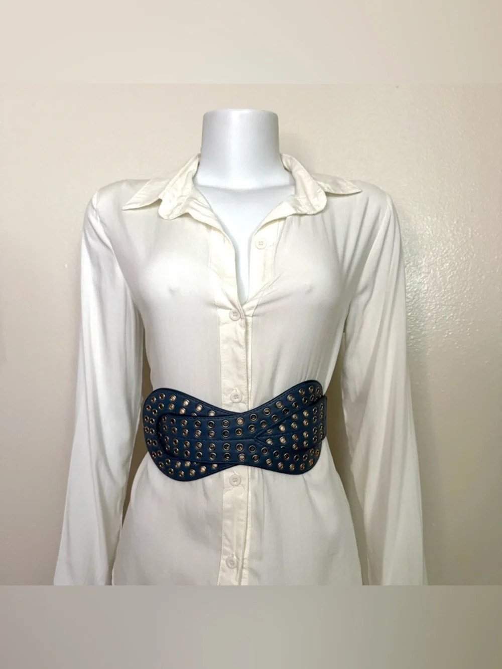Navy blue wide PU leather elastic waistband belt with gold tone grommet